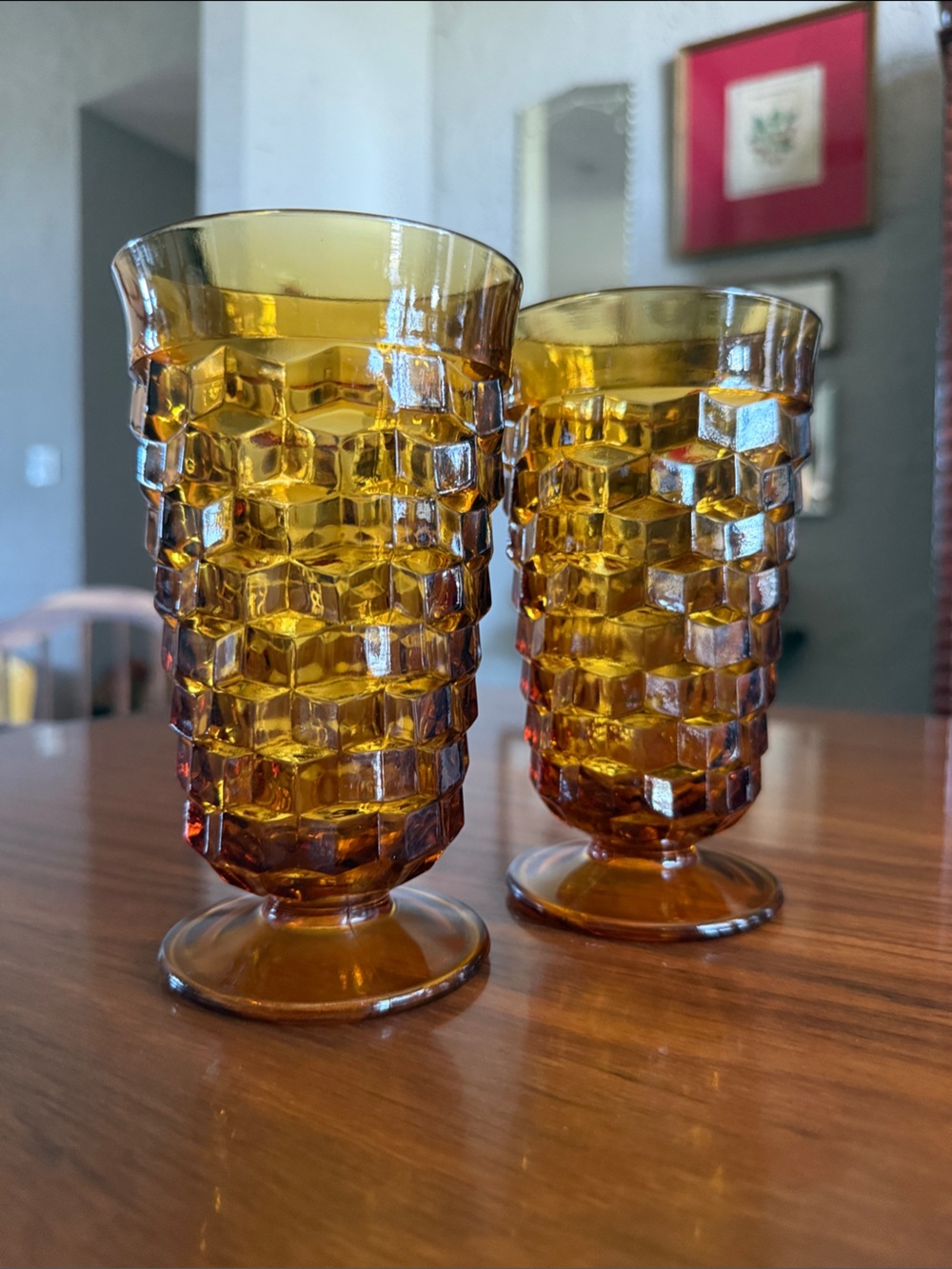 Vintage Indiana Glass Whitehall Cubist amber footed tumblers - set of 7